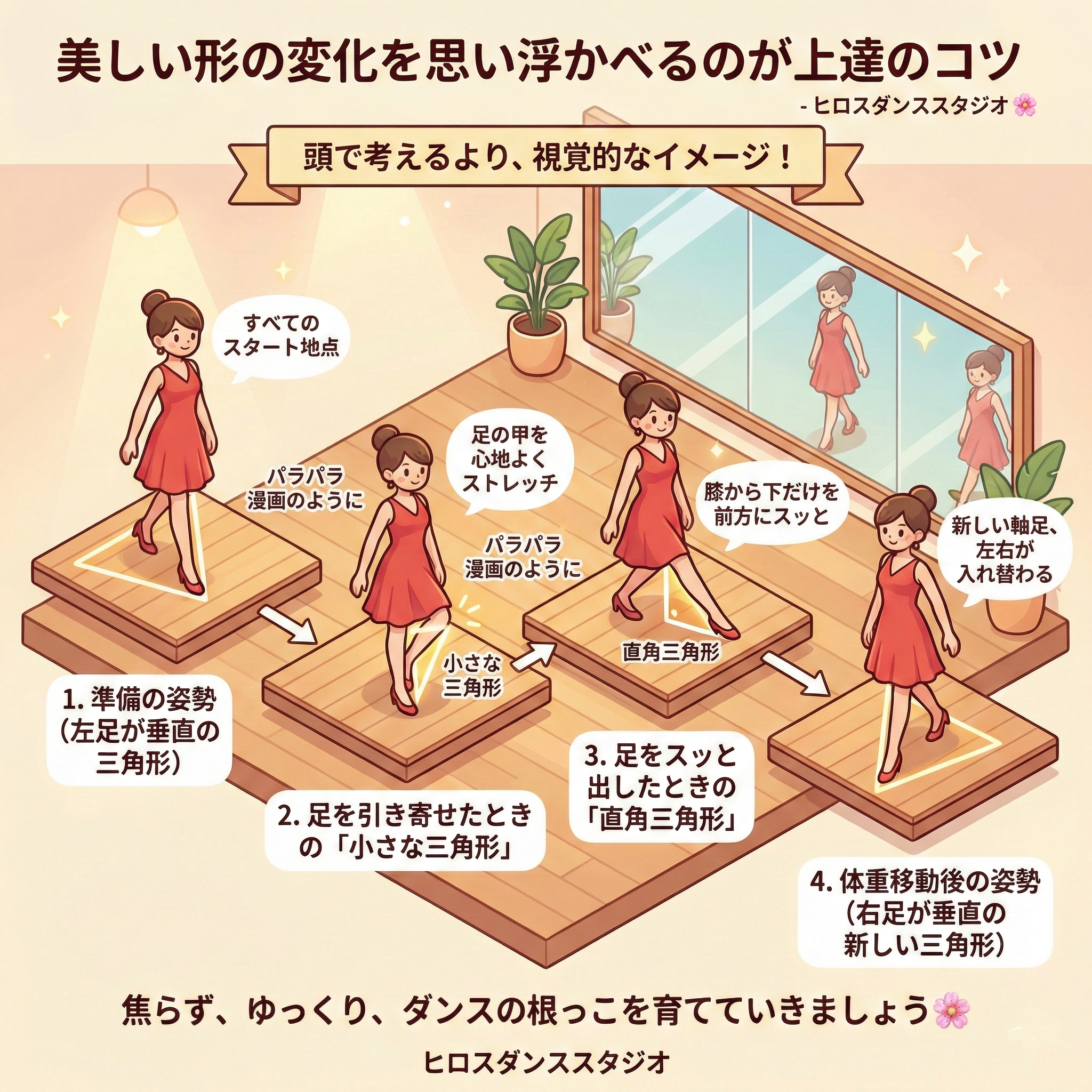ダンススタジオの鏡の前でルンバウォークをする女性のアイソメトリックイラスト。脚の動きを4つのステップ（1.準備の姿勢、2.足を引き寄せたときの小さな三角形、3.足をスッと出したときの直角三角形、4.体重移動後の姿勢）に分解し、それぞれのステップで脚の間にできる三角形がハイライトされています。『美しい形の変化を思い浮かべるのが上達のコツ』というメッセージが添えられています。