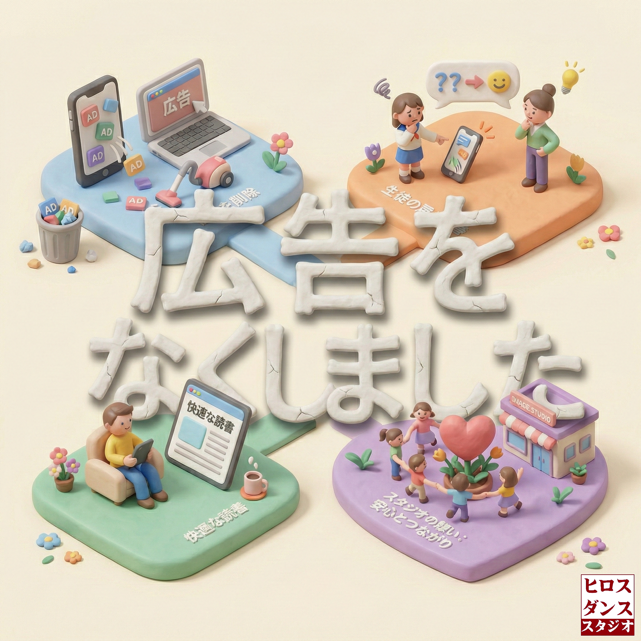 「広告をなくしました」という白い粘土風の文字を中心に、快適にスマホでブログを読む人や、楽しく集う人々を描いた3Dクレイ風イラスト。ヒロスダンススタジオのブログリニューアルのお知らせ。