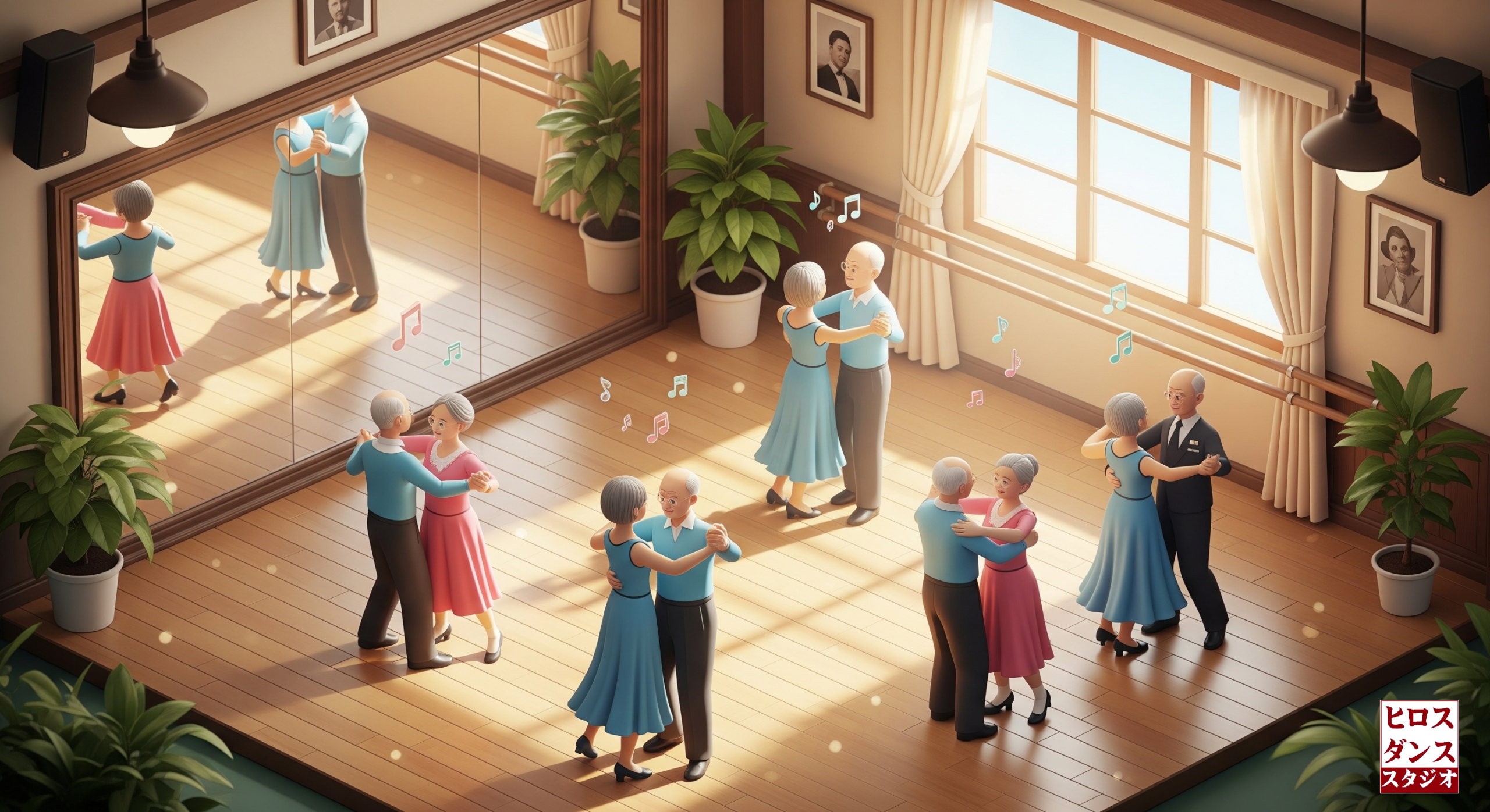 明るく温かみのある社交ダンススタジオのイラスト。3組のシニアカップル（計6人）が、笑顔で互いに見つめ合いながら、木製フロアの上で楽しそうに社交ダンスを踊っている。大きな窓からは柔らかな光が差し込み、空間には音符が浮かんでいる。壁一面の鏡、バレエバー、観葉植物、額入りの写真、スピーカーなどが配置されている。彼らの服装は青やピンクを基調とした親しみやすいもの。日々の小さな成長を楽しむ穏やかな雰囲気が感じられる。