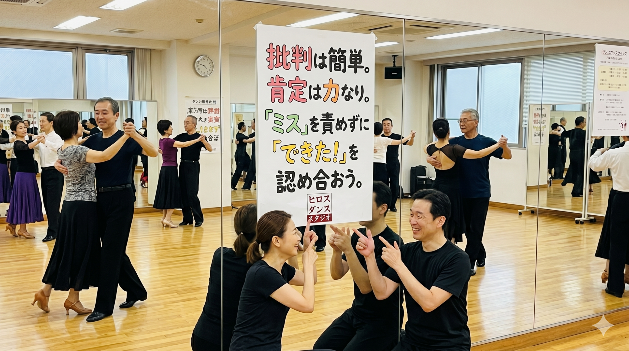 社交ダンスの練習スタジオの大きな鏡に貼られた、手書き風のポップなポスター。ポスターには「批判は簡単。肯定は力なり。『ミス』を責めずに『できた！』を認め合おう。」と太い丸文字で書かれており、「力」はオレンジ色、「できた！」は黄色で強調されている。背景のスタジオでは、複数のペアが笑顔で社交ダンスを練習しており、手前では男女が笑顔でお互いを指さし合いながら成果を認め合っている。
