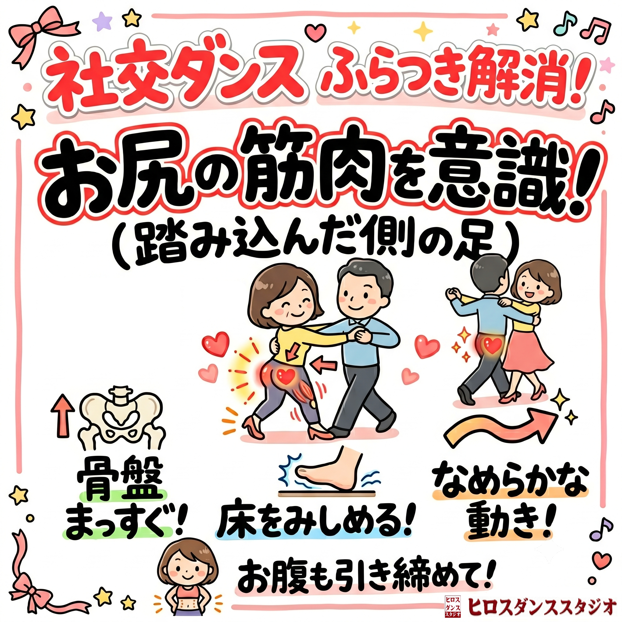 社交ダンスでふらつかないためのお尻の筋肉の使い方を解説した図解ポスター。笑顔で踊る2組の男女のイラストとともに、踏み込んだ側の足のお尻を意識することで骨盤が安定し、床を踏みしめてなめらかに動けるようになるポイントを説明しています。