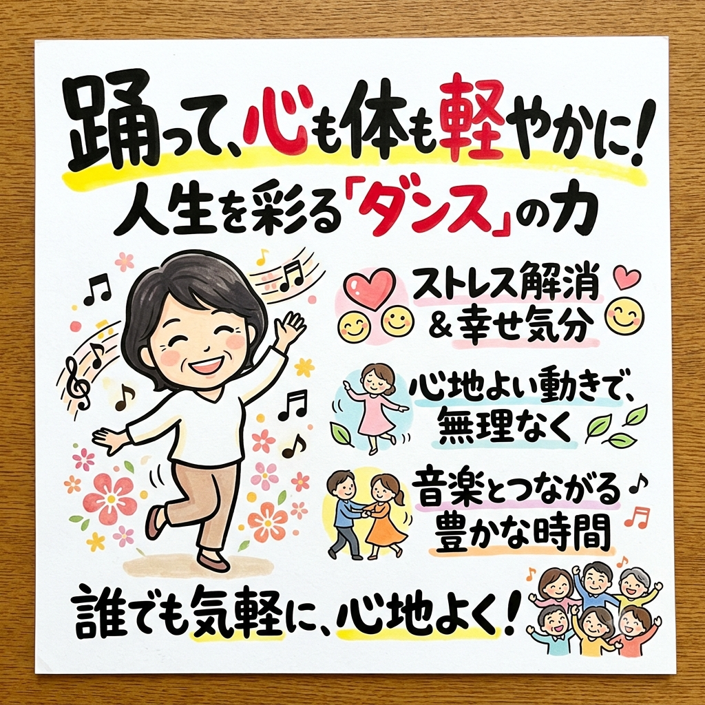 笑顔で楽しそうに踊る女性のイラストと、「踊って、心も体も軽やかに！人生を彩るダンスの力」という手書き風のメッセージ。ストレス解消や心地よい動き、音楽とのつながりを表す図解が描かれています。