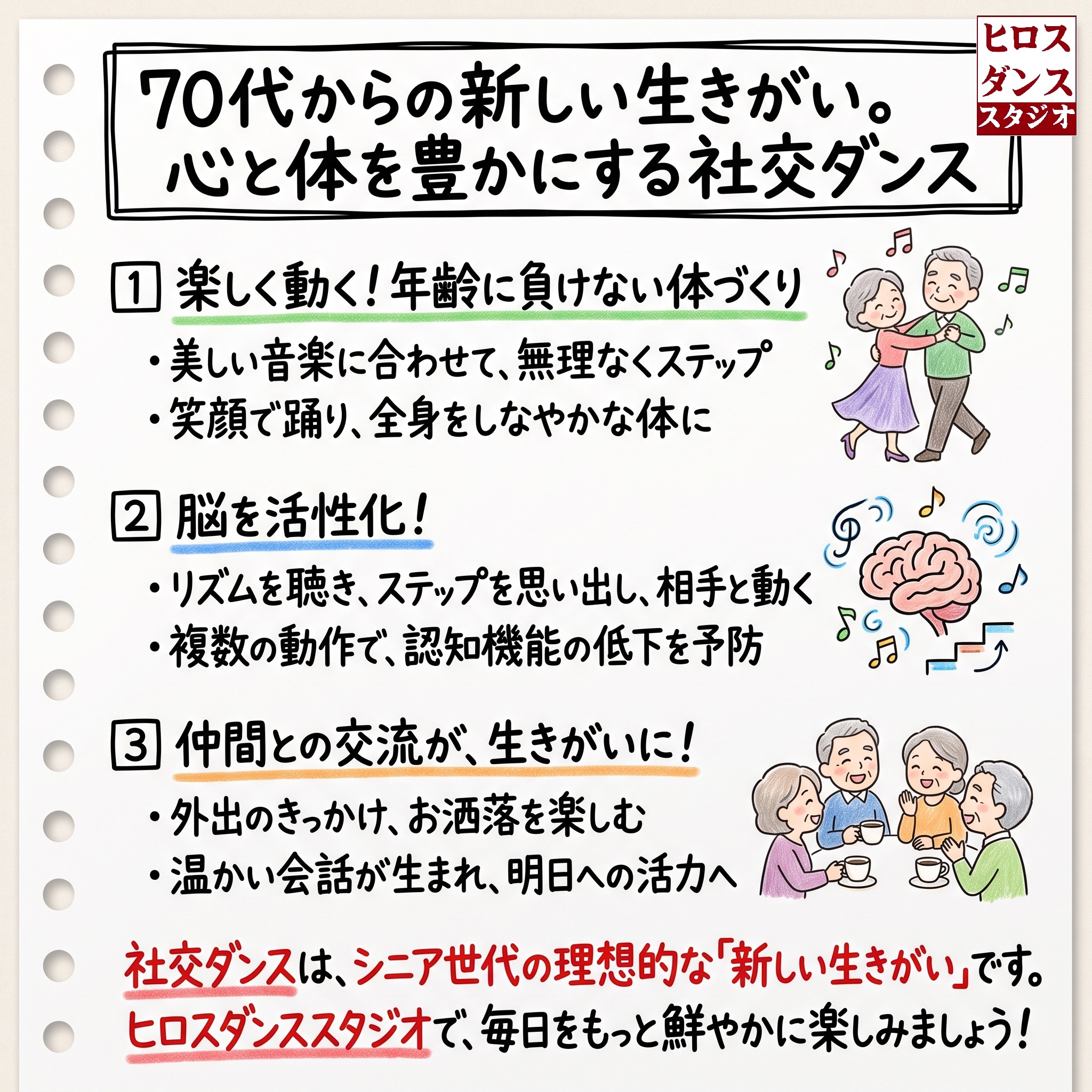 70代からの社交ダンスの魅力を3つのポイント（楽しく動く体づくり、脳の活性化、仲間との交流が生む生きがい）に整理し、笑顔で踊るシニアカップルや団らんのイラストを添えたインフォグラフィック