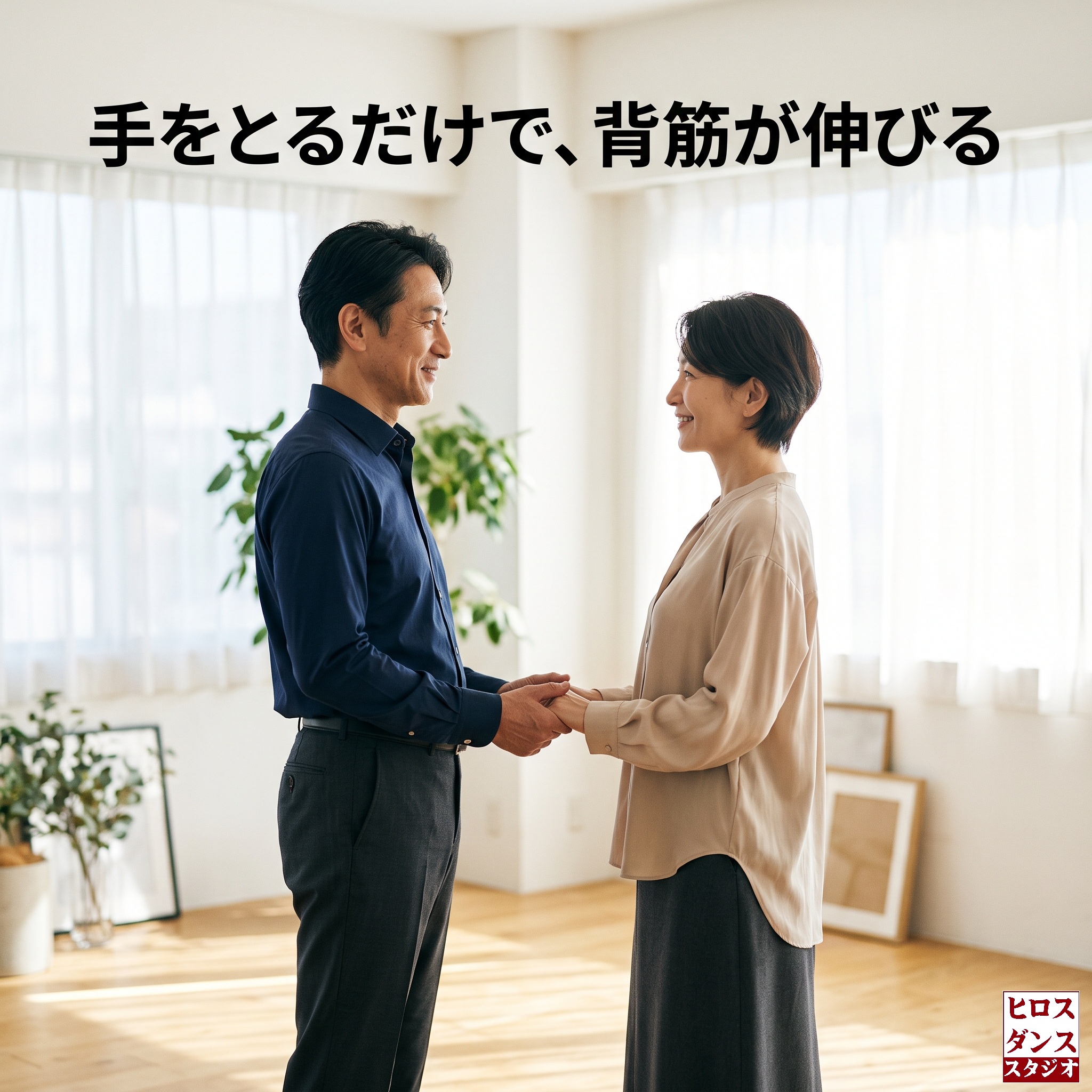 明るいスタジオで手を取り合い、自然と背筋が伸びて笑顔で向き合う50代の日本人男女（社交ダンスの姿勢改善アイキャッチ）