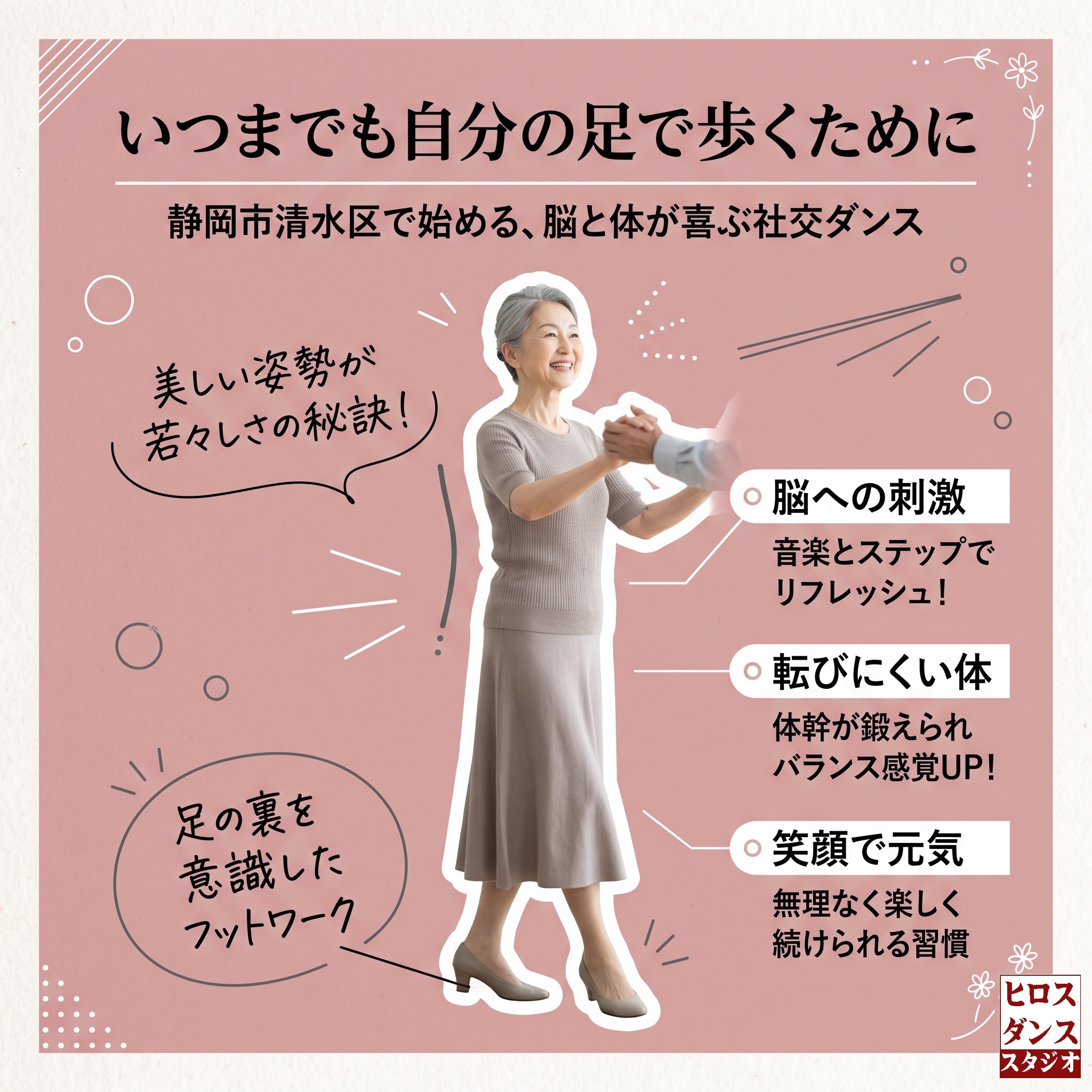 くすみピンクの雑誌風背景に、美しい姿勢で笑顔でステップを踏むシニア女性の切り抜き写真を配置した図解アイキャッチ画像。「いつまでも自分の足で歩くために」「静岡市清水区で始める、脳と体が喜ぶ社交ダンス」のタイトルとともに、「脳への刺激」「転びにくい体」「笑顔で元気」「足の裏を意識したフットワーク」のポイントが吹き出しや見出しで分かりやすく整理されている。