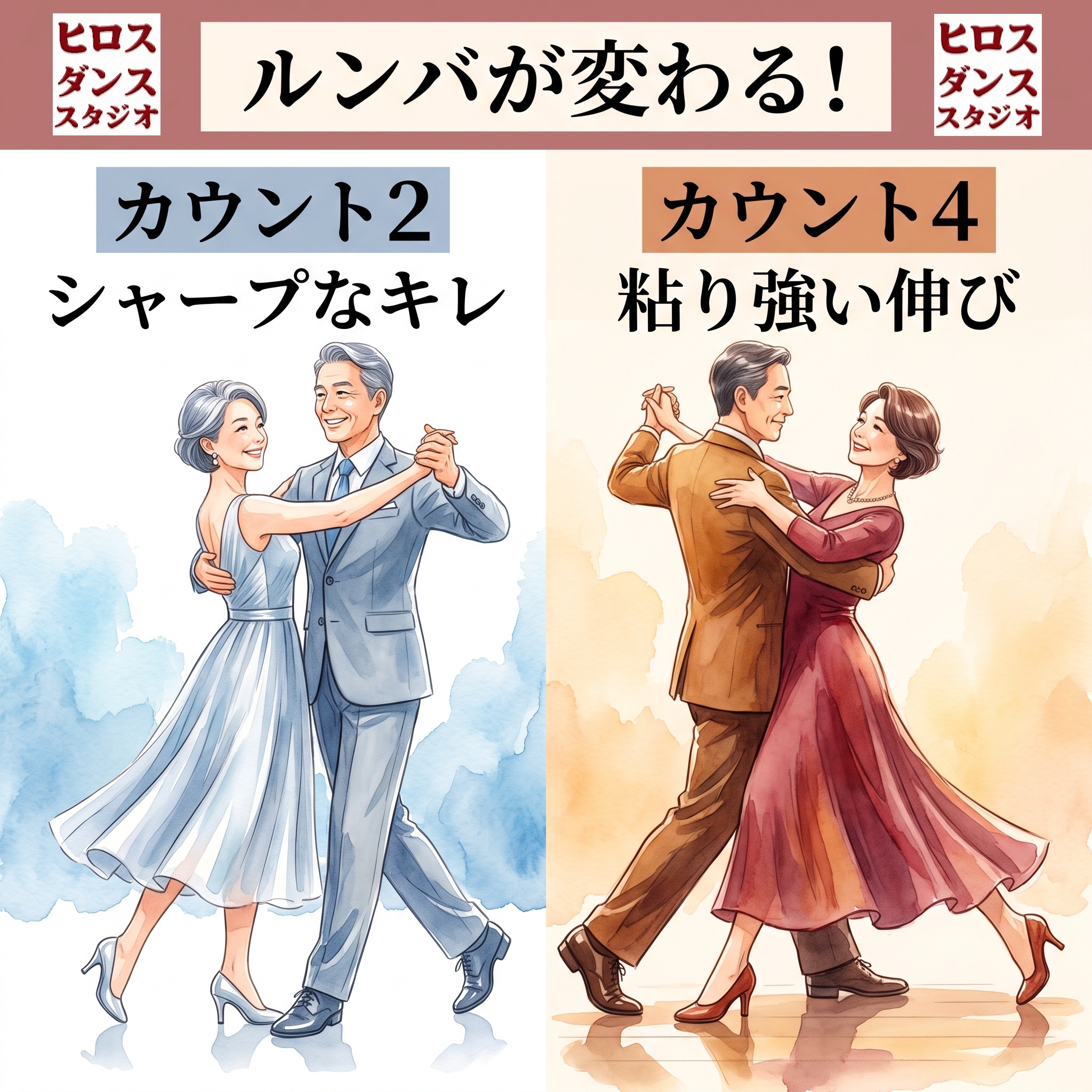 ルンバが変わる！カウント2のシャープなキレと、カウント4の粘り強い伸びの質感の違いを表現した、笑顔で踊る60代シニア男女の社交ダンスイラスト