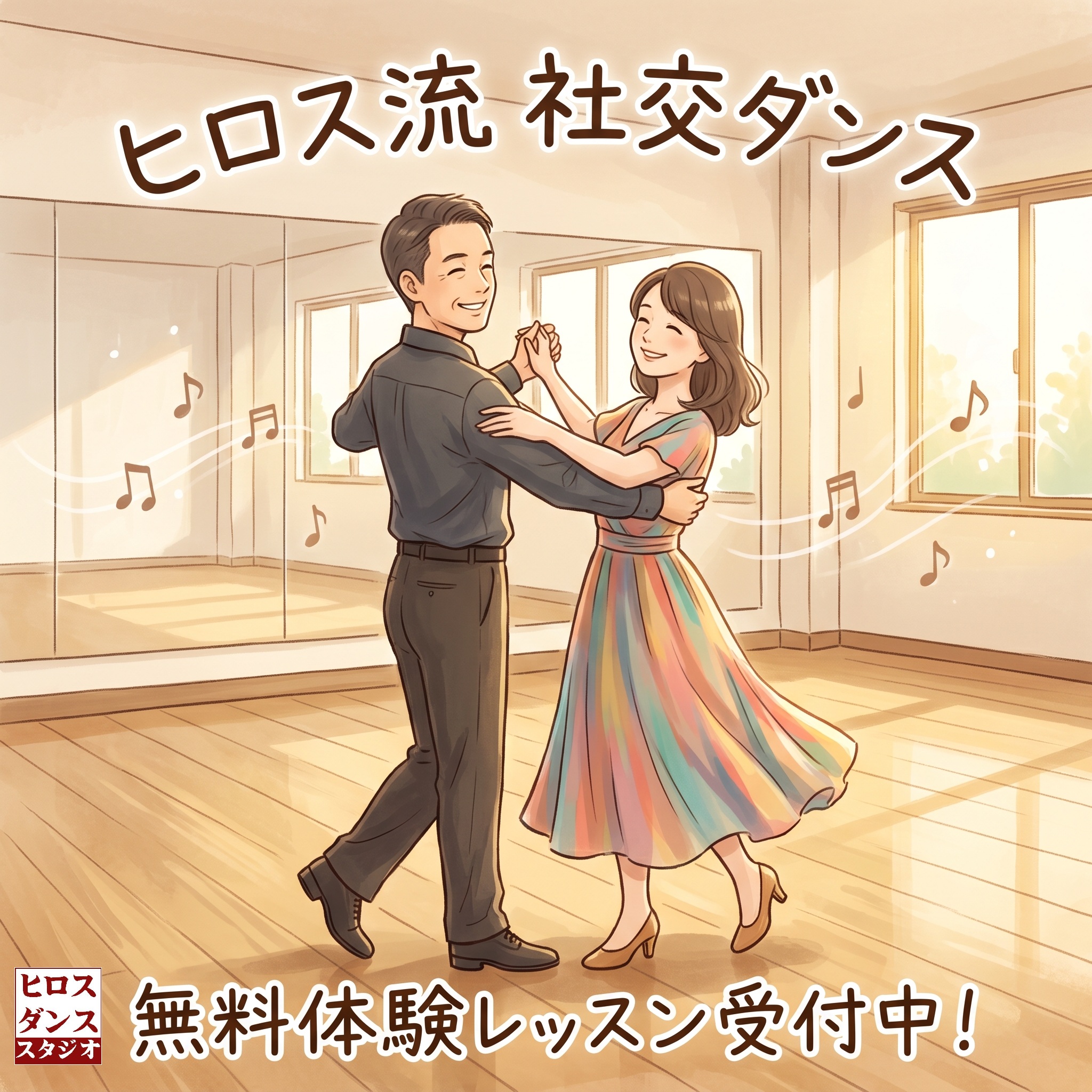 静岡市清水区のヒロスダンススタジオで、流れる音楽に身をゆだねて楽しそうにペアダンスを踊るヒロスとミスズのイラスト。「無料体験レッスン受付中」の案内